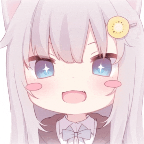 a girl with white hair and blue eyes has a kiwi slice on her head