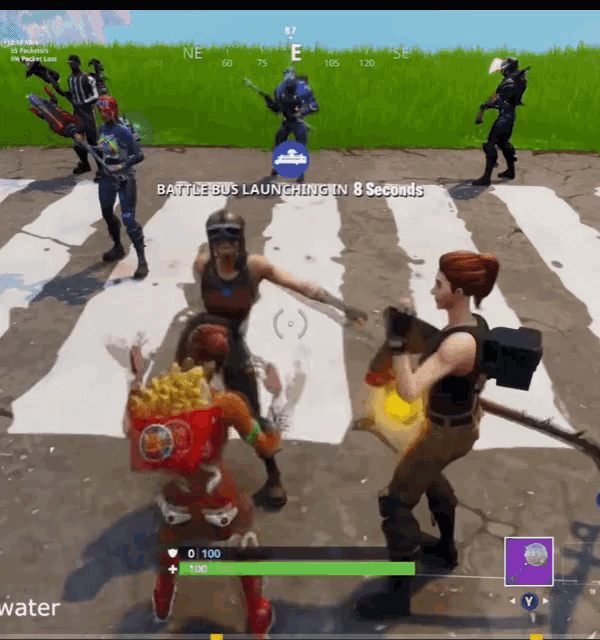 a screenshot of a video game shows a battle bus launching in 8 seconds