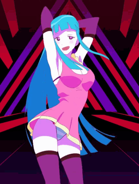 a girl with long blue hair is dancing in front of a purple and red background