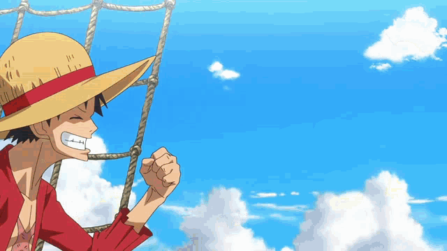a man wearing a straw hat and a red shirt is holding his fist up in the air