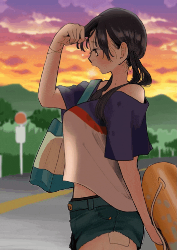 a girl in shorts and a crop top is standing on a street