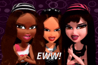 three bratz dolls are standing next to each other with the words eww on the bottom right