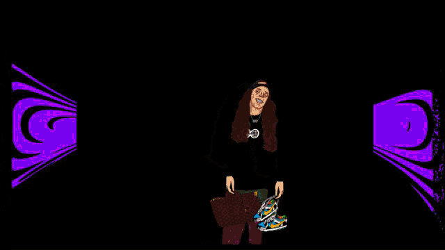 a cartoon of a woman holding a purse and shoes with the words global goods shop below her