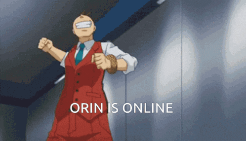 a man in a red vest and tie is standing in front of a wall with the words " orin is online " written below him