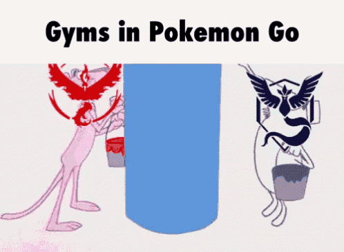 a pink panther is painting a blue cylinder with red paint while a pokemon go character is holding a bucket