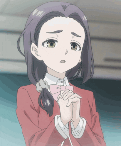 a girl with purple hair is wearing a pink bow tie and a red jacket