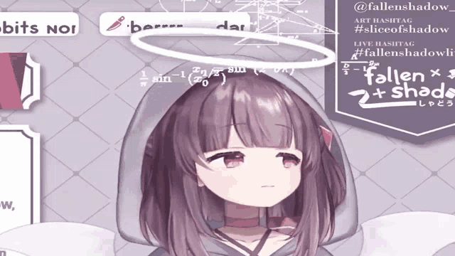 a girl with purple hair and a halo on her head