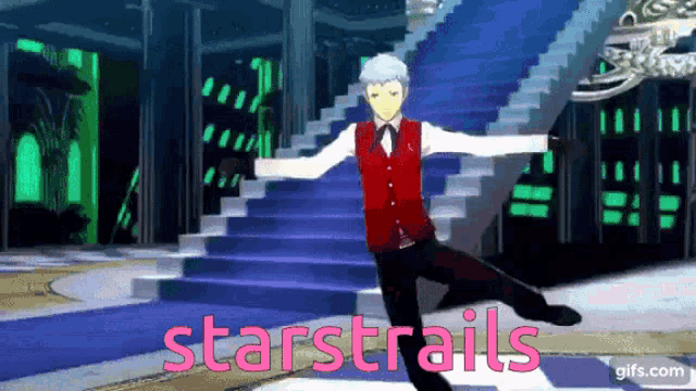a man in a red vest is dancing in front of a blue staircase with the words starstrails written in pink .