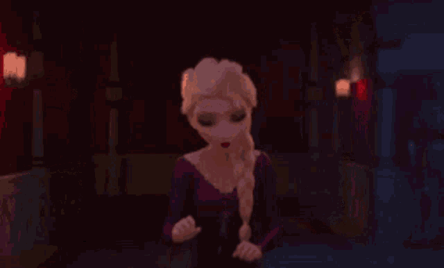elsa from the movie frozen is standing in a hallway .