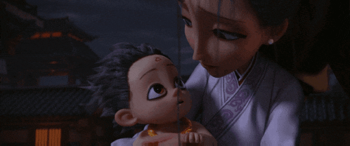 a woman is holding a baby in her arms in a cartoon scene