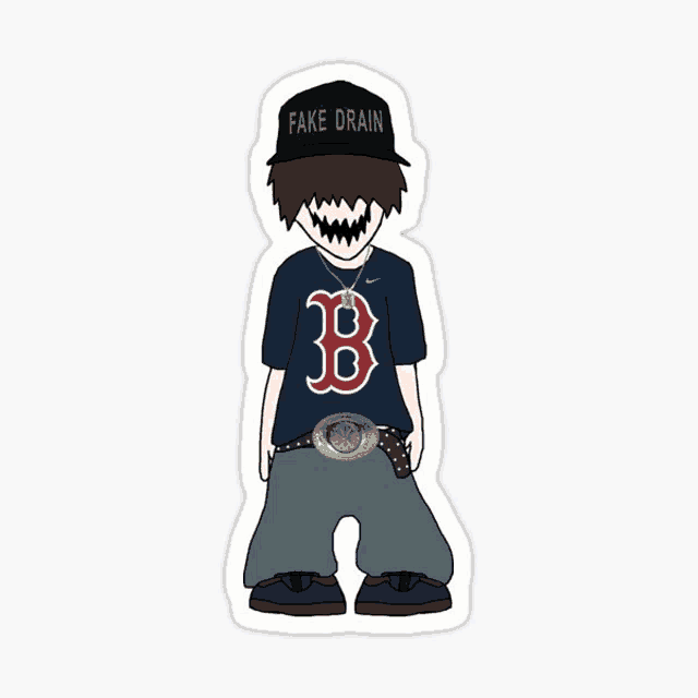 a cartoon character with fake drain written on his hat