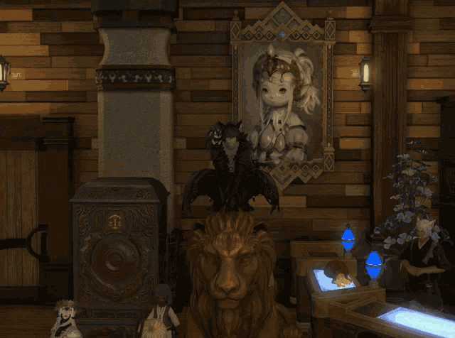a group of people are gathered in a room with a dragon in the middle