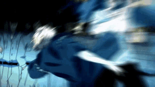 a blurry picture of a person in a blue jacket holding a sword
