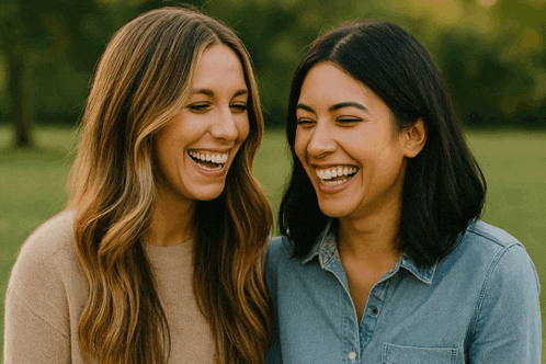 two women are laughing together in a park and one is wearing a denim shirt