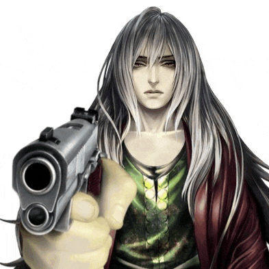 a man with long gray hair is pointing a gun at the camera .