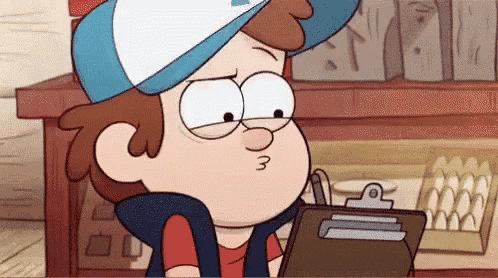 a cartoon character from gravity falls is holding a clipboard and making a funny face .