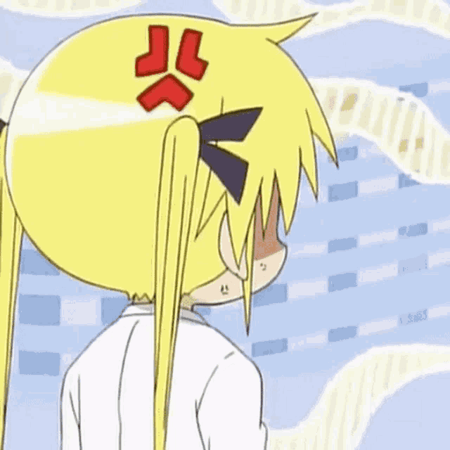 a cartoon girl with blonde hair has a red arrow on her head .