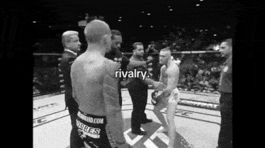 a black and white photo of a boxing match with rivalry written on the bottom