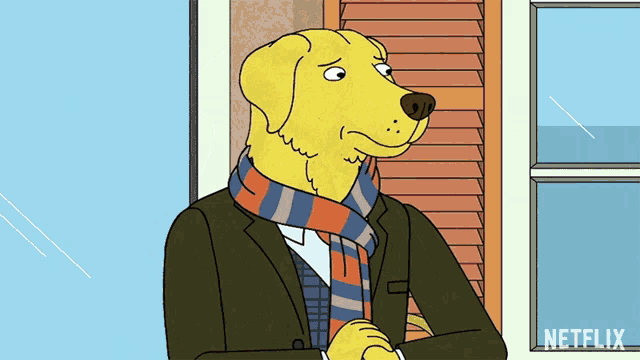 a cartoon of a yellow dog wearing a scarf and a jacket with the word netflix on the bottom