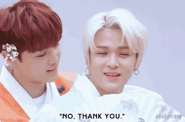 two young men are hugging and one of them is saying " no thank you "