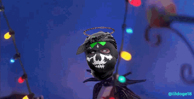 a drawing of a person with a skull mask and christmas lights
