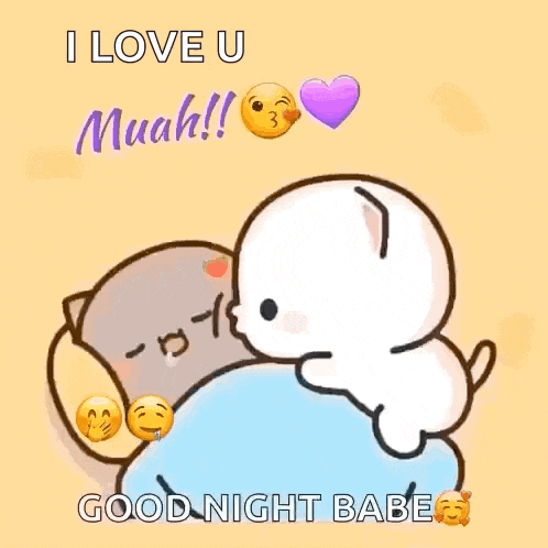 a couple of cartoon cats hugging each other with the words `` i love u muah ! ``