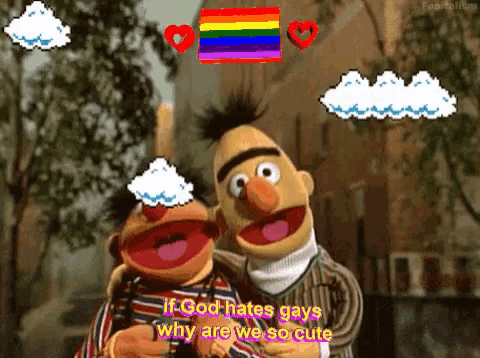 bert and ernie are standing next to each other with a rainbow flag in the background