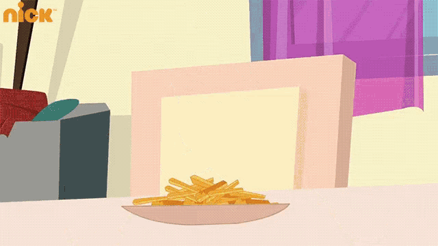 a plate of french fries sits on a table with a nick logo