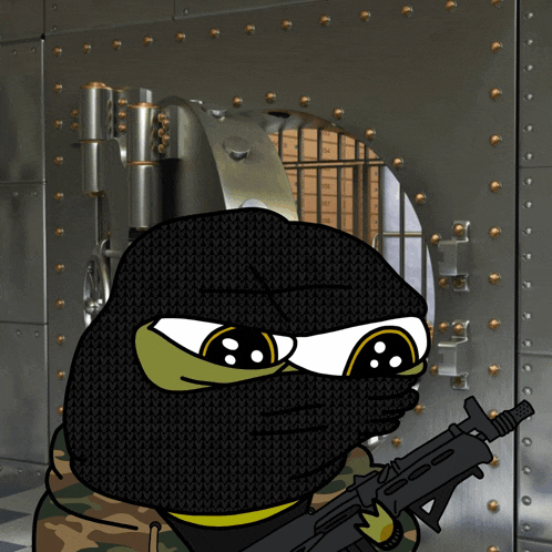 a cartoon character is holding a gun in front of a safe