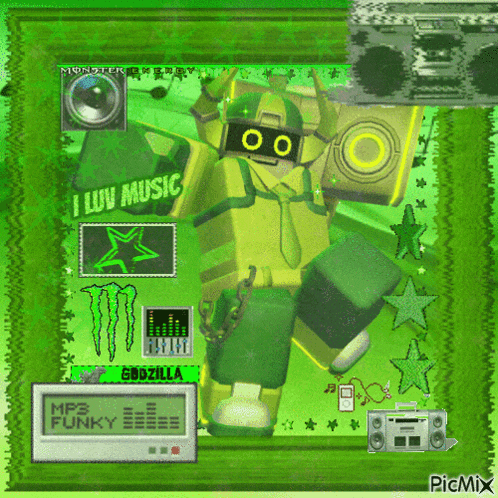 a green monster says i love music on a green background