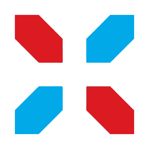 a red and blue x with a speech bubble that says addi