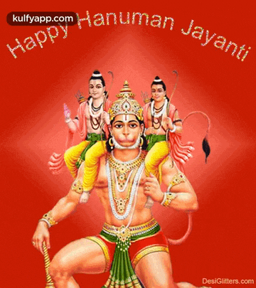 a happy hanuman jayanti greeting card with a picture of hanuman carrying a child on his shoulders