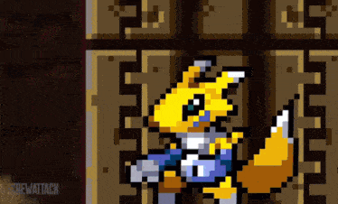 a pixel art drawing of a fox with the words screwattack on the bottom