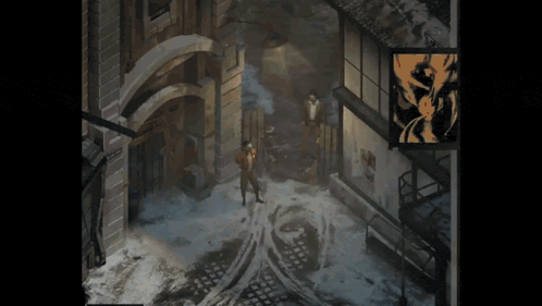 a man in a suit stands in the middle of a snowy alley