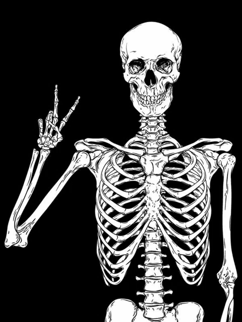 a skeleton is giving a peace sign with its hand .