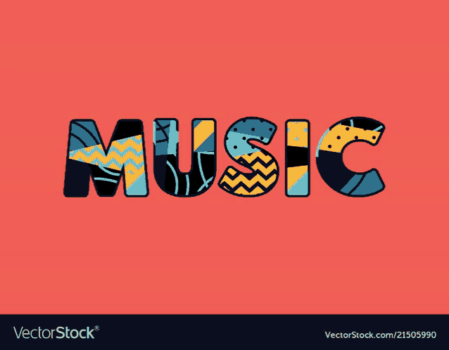 the word music is written in colorful letters on a red background .