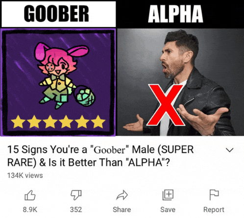 a video titled 15 signs you 're a " goober " male ( super rare ) & is it better than alpha