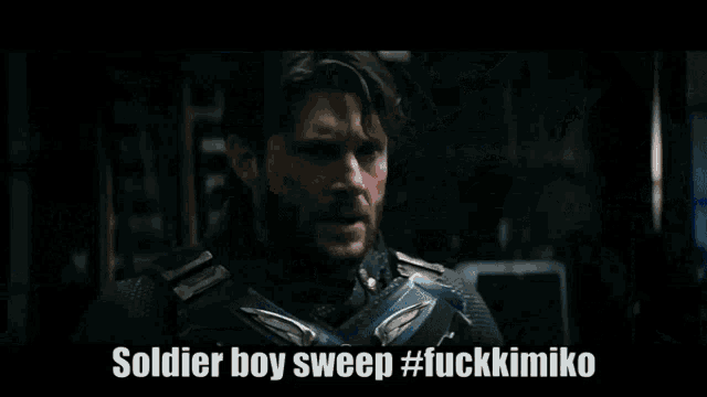 soldier boy sweep #fuckkimiko is written on the bottom of a screen