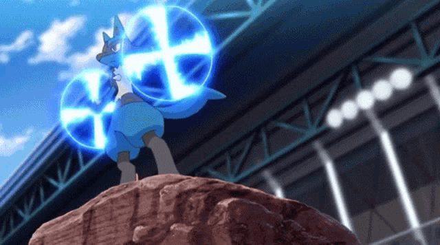 a blue pokemon is standing on a rock with a shield