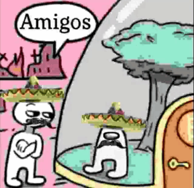a cartoon of a man wearing a sombrero and talking to another man wearing a sombrero .
