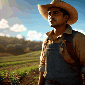 a man in overalls and a cowboy hat is standing in a field
