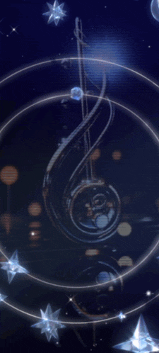 a treble clef is surrounded by a circle and stars