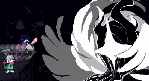 a black and white pixel art of a person holding a sword and a feather .