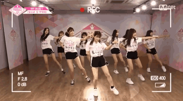 a group of girls are dancing in front of a camera with the word rec on it