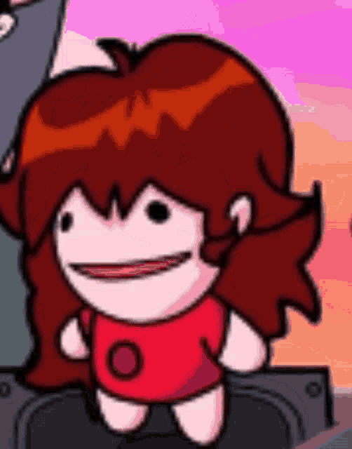 a cartoon girl with red hair and a red shirt is standing next to a speaker and smiling .