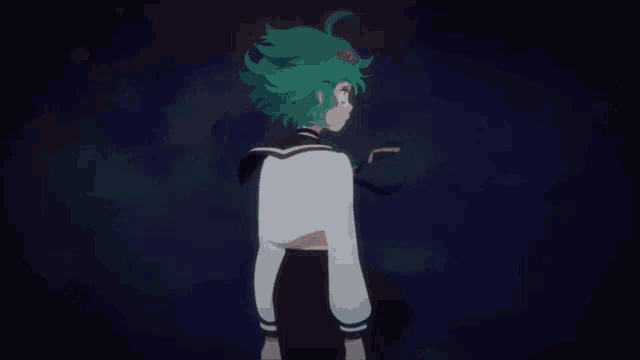 a girl with green hair is wearing a white top and black skirt