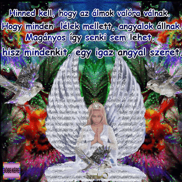 a picture of a woman with angel wings surrounded by birds and a quote in a foreign language