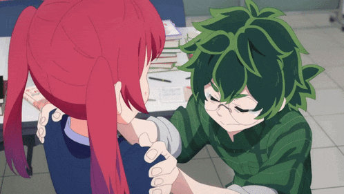 a boy with green hair is putting his hand on a girl with red hair