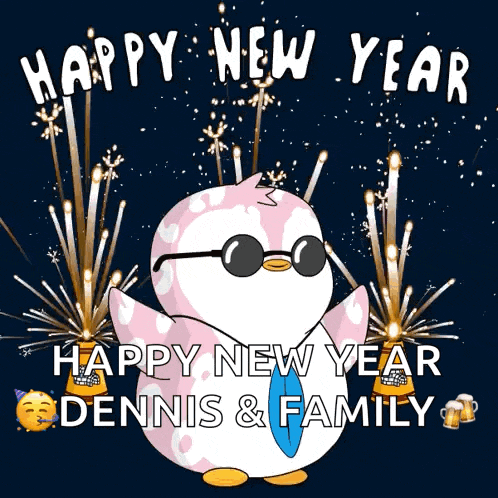 a penguin with sunglasses and a tie says happy new year dennis and family