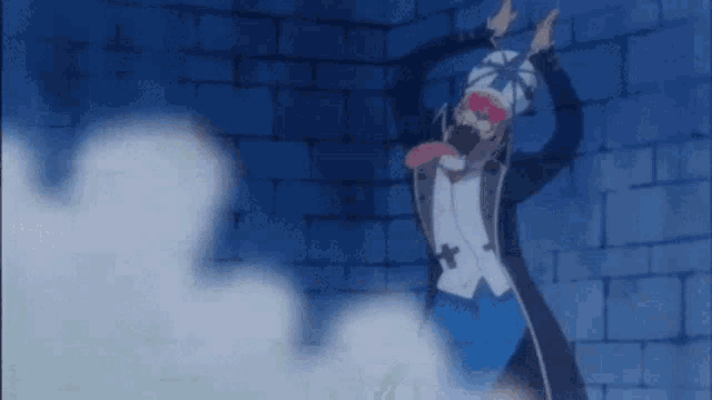 a cartoon character is standing in front of a brick wall with his tongue hanging out .